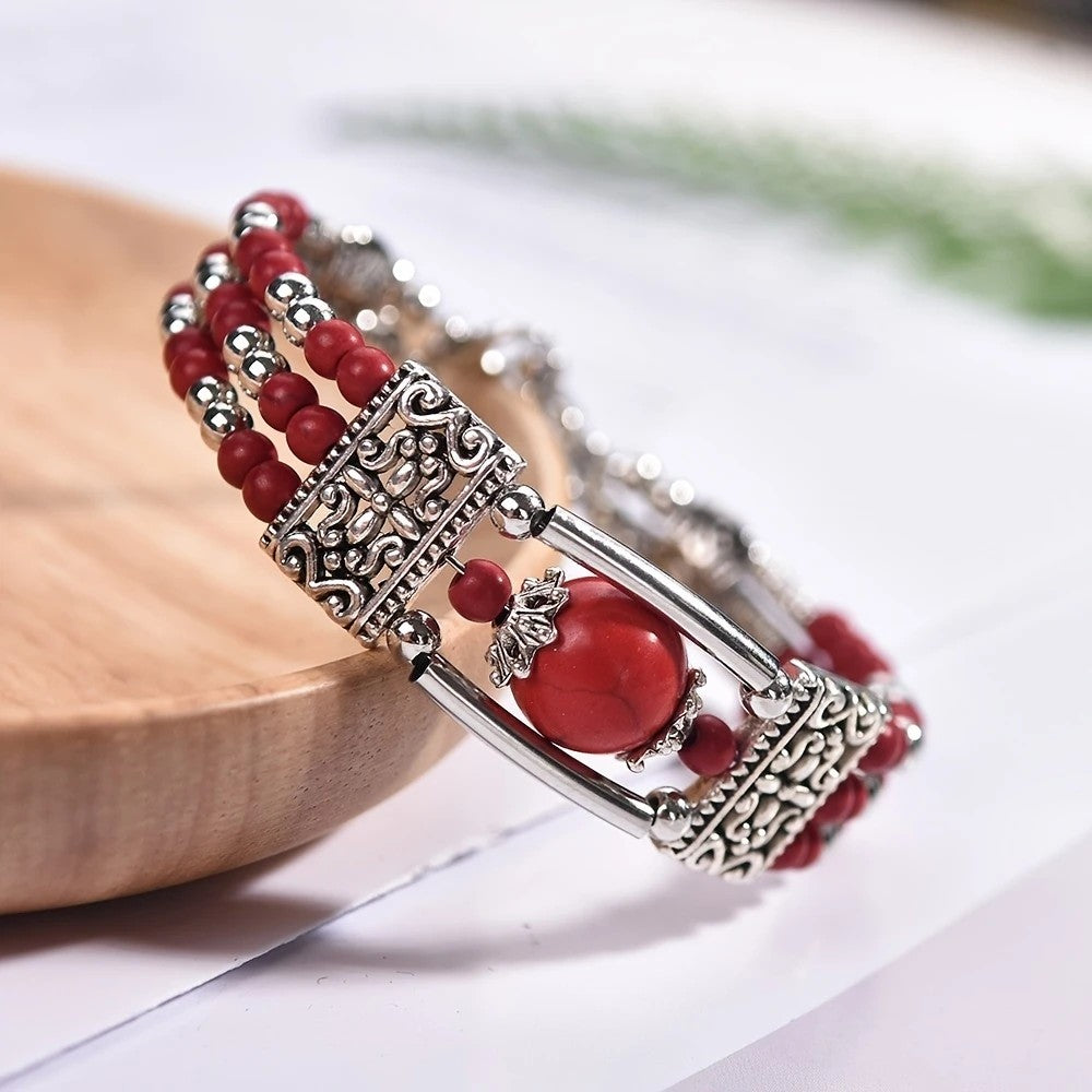 2PCS Ethnic-style Vintage Open Bracelet, Turquoise Beads with Silver Carved Accents, Bohemian Exotic Charm, a Personalized Accessory for Daily and Travel Wear.red