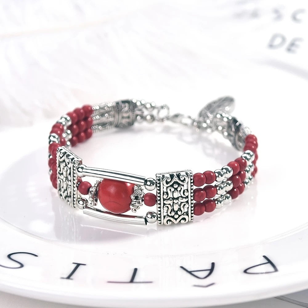 2PCS Ethnic-style Vintage Open Bracelet, Turquoise Beads with Silver Carved Accents, Bohemian Exotic Charm, a Personalized Accessory for Daily and Travel Wear.red