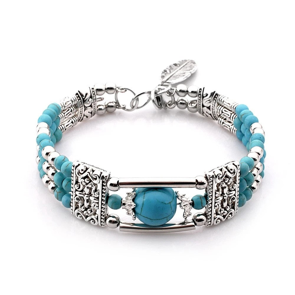 2PCS Ethnic-style Vintage Open Bracelet, Turquoise Beads with Silver Carved Accents, Bohemian Exotic Charm, a Personalized Accessory for Daily and Travel Wear.red