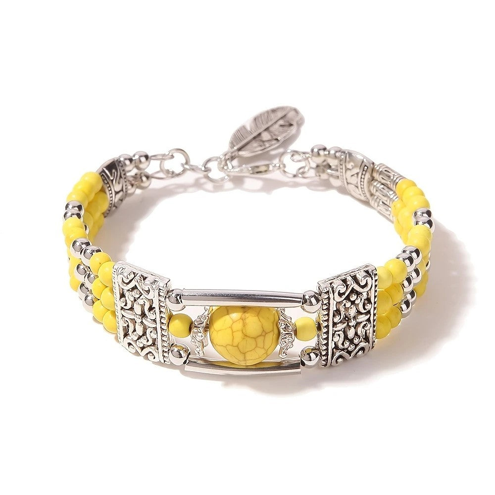 2PCS Ethnic-style Vintage Open Bracelet, Turquoise Beads with Silver Carved Accents, Bohemian Exotic Charm, a Personalized Accessory for Daily and Travel Wear.Yellow