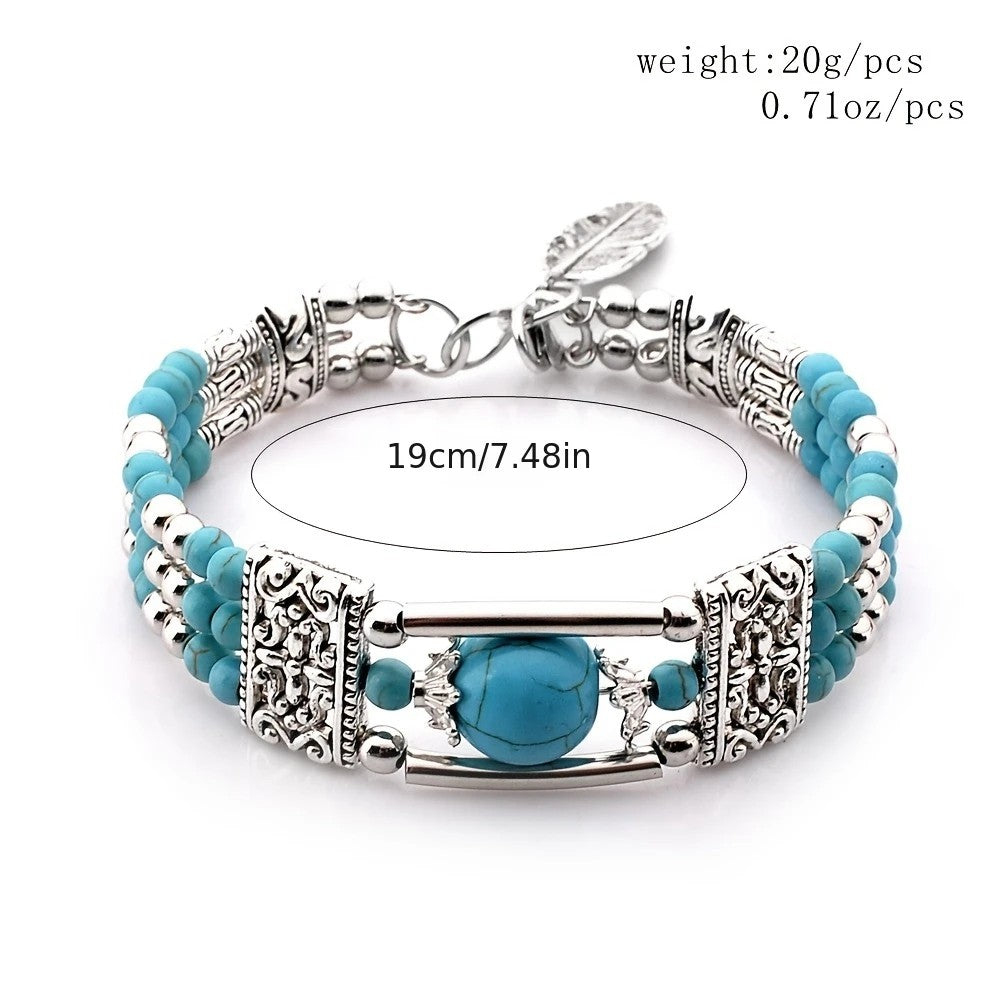 2pcs Ethnic-style Vintage Open Bracelet, Turquoise Beads with Silver Carved Accents, Bohemian Exotic Charm, a Personalized Accessory for Daily and Travel Wear.Rose