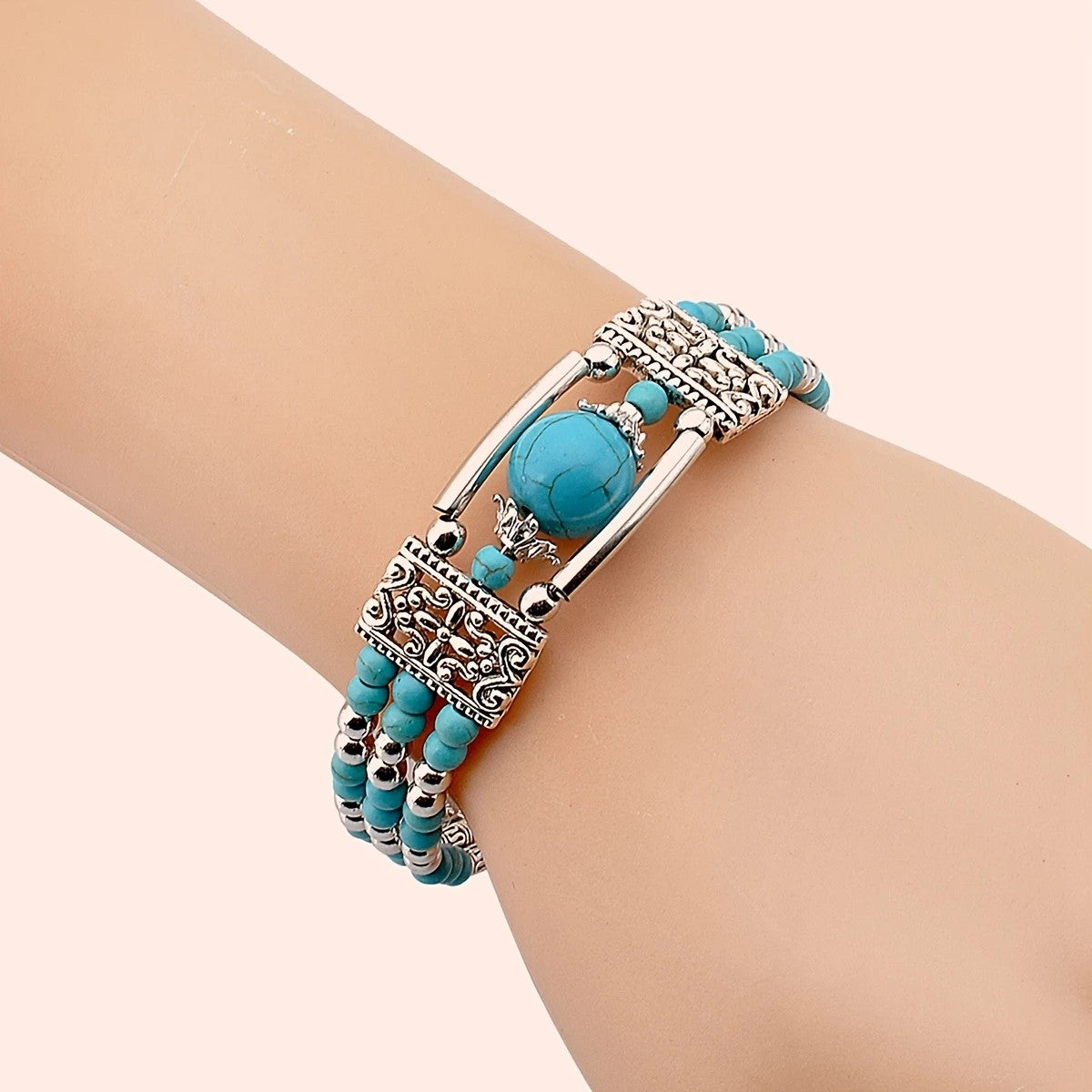 2pcs Ethnic-style Vintage Open Bracelet, Turquoise Beads with Silver Carved Accents, Bohemian Exotic Charm, a Personalized Accessory for Daily and Travel Wear.Rose