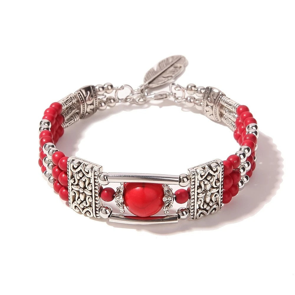 2pcs Ethnic-style Vintage Open Bracelet, Turquoise Beads with Silver Carved Accents, Bohemian Exotic Charm, a Personalized Accessory for Daily and Travel Wear.orange