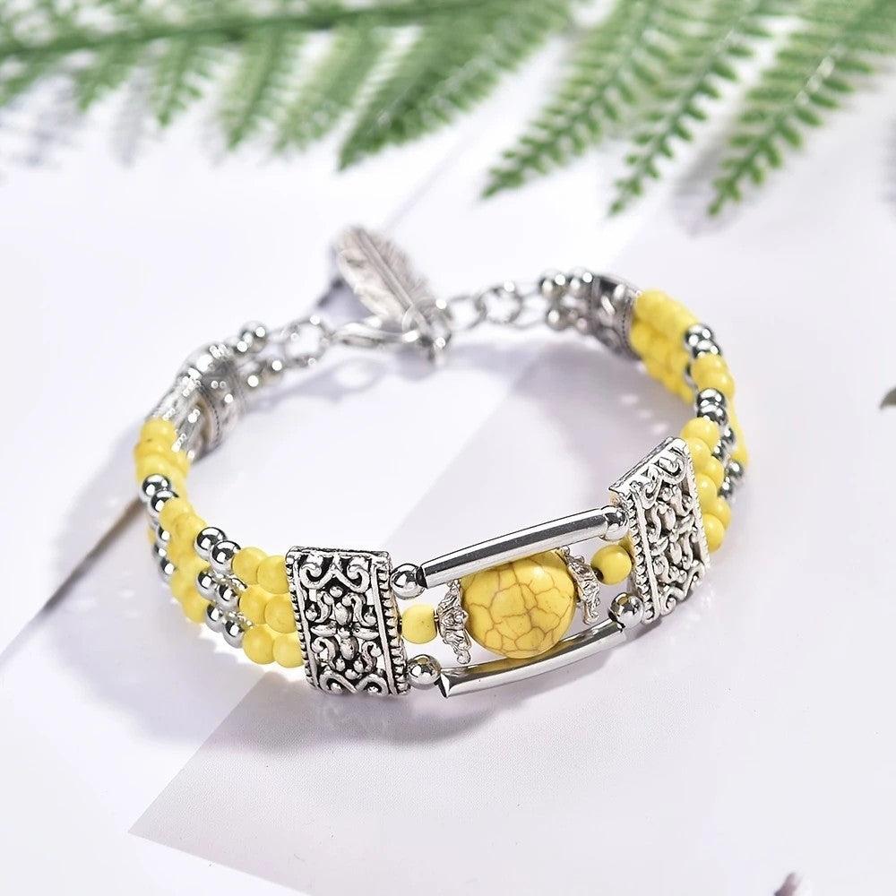 2pcs Ethnic-style Vintage Open Bracelet, Turquoise Beads with Silver Carved Accents, Bohemian Exotic Charm, a Personalized Accessory for Daily and Travel Wear.black