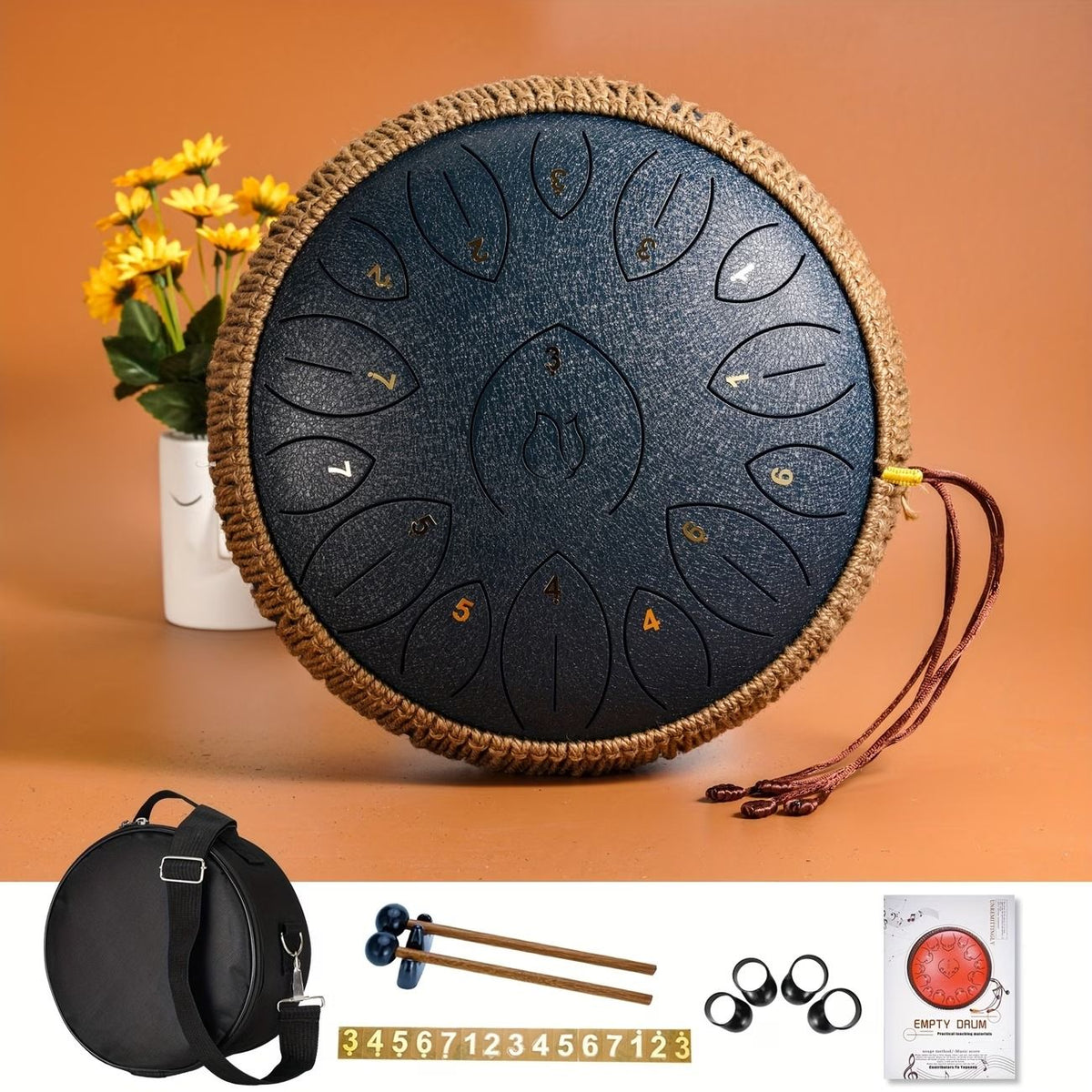 12-Inch D Major 15-Note Steel Tongue Drum, Carbon Steel Material, Petal Tongue Design, Machine-Made & Hand-Tuned, Ethereal & Melodious, Comes with Mallets, Finger Cots & Tutorial, Ideal for Meditation, Yoga & Music Enlightenment!*navy blue