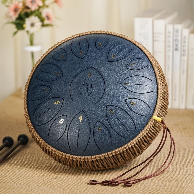 12-Inch D Major 15-Note Steel Tongue Drum, Carbon Steel Material, Petal Tongue Design, Machine-Made & Hand-Tuned, Ethereal & Melodious, Comes with Mallets, Finger Cots & Tutorial, Ideal for Meditation, Yoga & Music Enlightenment!*navy blue