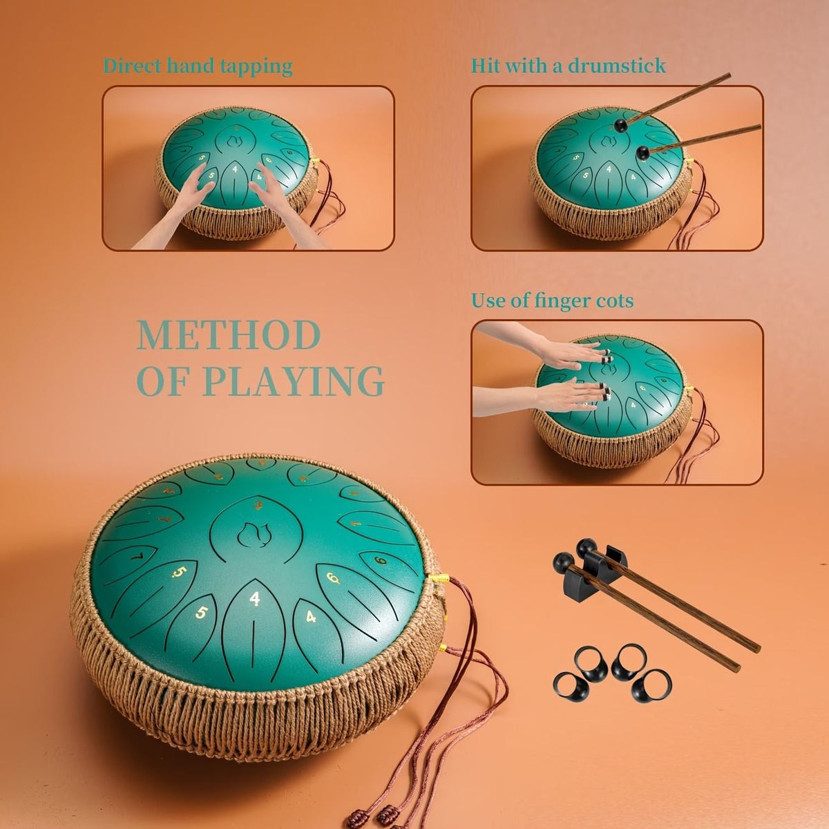 12-Inch D Major 15-Note Steel Tongue Drum, Carbon Steel Material, Petal Tongue Design, Machine-Made & Hand-Tuned, Ethereal & Melodious, Comes with Mallets, Finger Cots & Tutorial, Ideal for Meditation, Yoga & Music Enlightenment!*navy blue