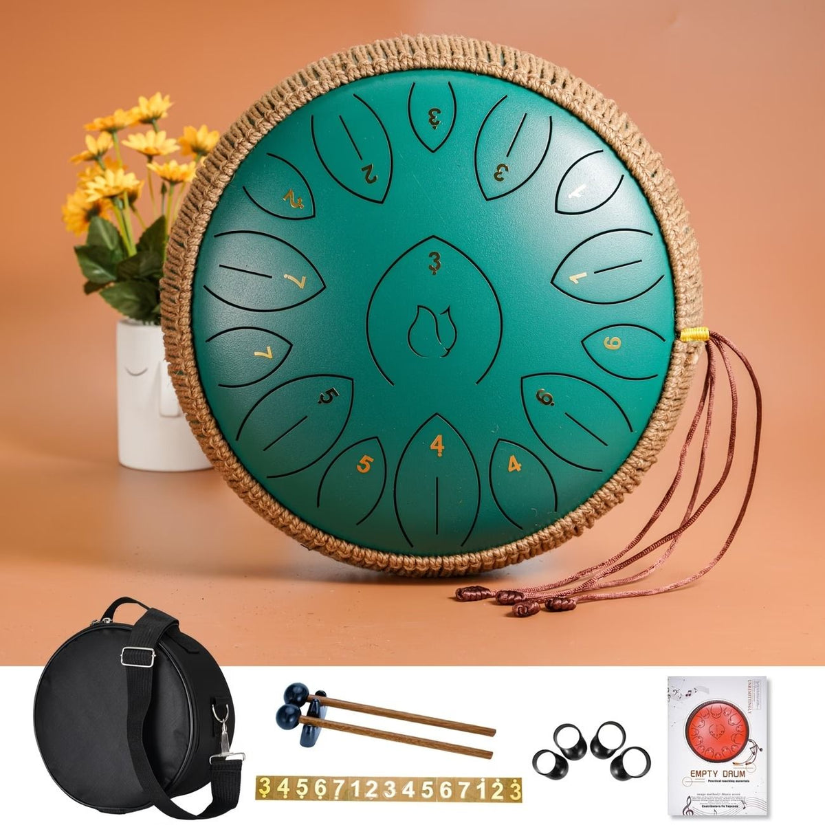 12-Inch D Major 15-Note Steel Tongue Drum, Carbon Steel Material, Petal Tongue Design, Machine-Made & Hand-Tuned, Ethereal & Melodious, Comes with Mallets, Finger Cots & Tutorial, Ideal for Meditation, Yoga & Music Enlightenment!*navy blue