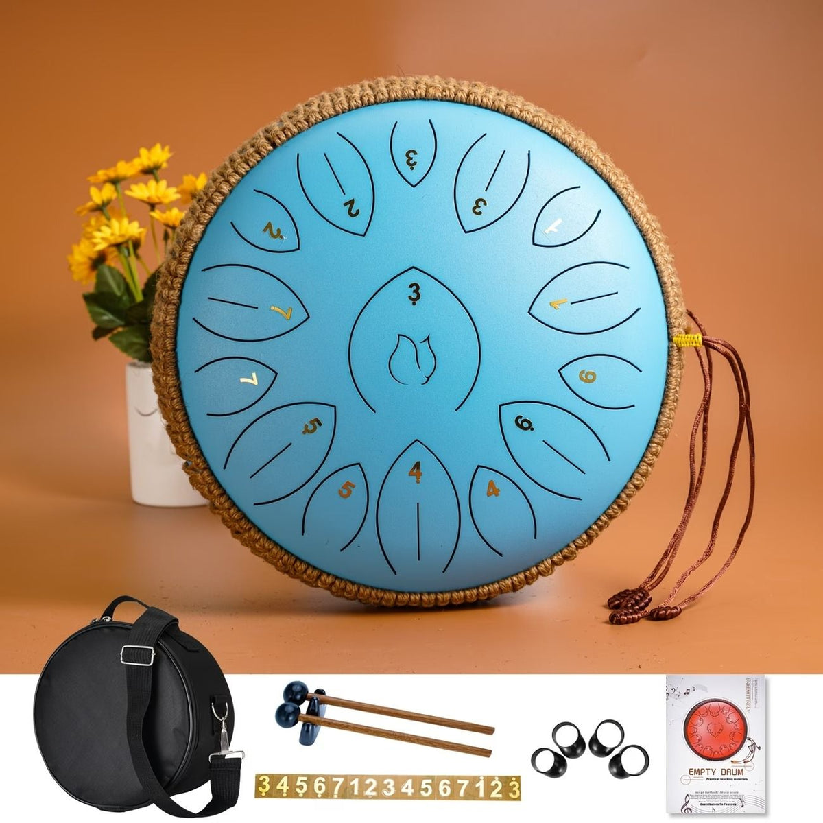 12-Inch D Major 15-Note Steel Tongue Drum, Carbon Steel Material, Petal Tongue Design, Machine-Made & Hand-Tuned, Ethereal & Melodious, Comes with Mallets, Finger Cots & Tutorial, Ideal for Meditation, Yoga & Music Enlightenment!*navy blue