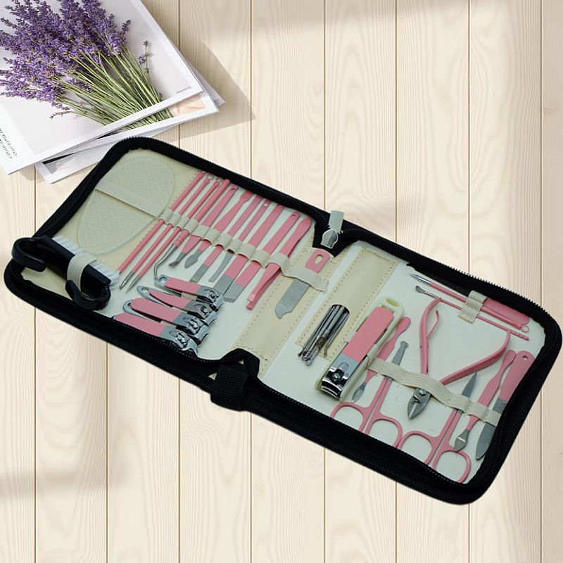 34-Piece Manicure Set: Sharp and Durable Stainless Steel Tools, All-in-One Hand, Foot, and Face Care, Portable Zippered Pouch, a Must-Have Exquisite Grooming Essential for Home and Travel!/pink