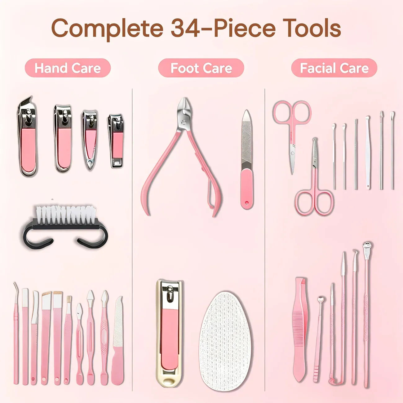 34-Piece Manicure Set: Sharp and Durable Stainless Steel Tools, All-in-One Hand, Foot, and Face Care, Portable Zippered Pouch, a Must-Have Exquisite Grooming Essential for Home and Travel!/brown
