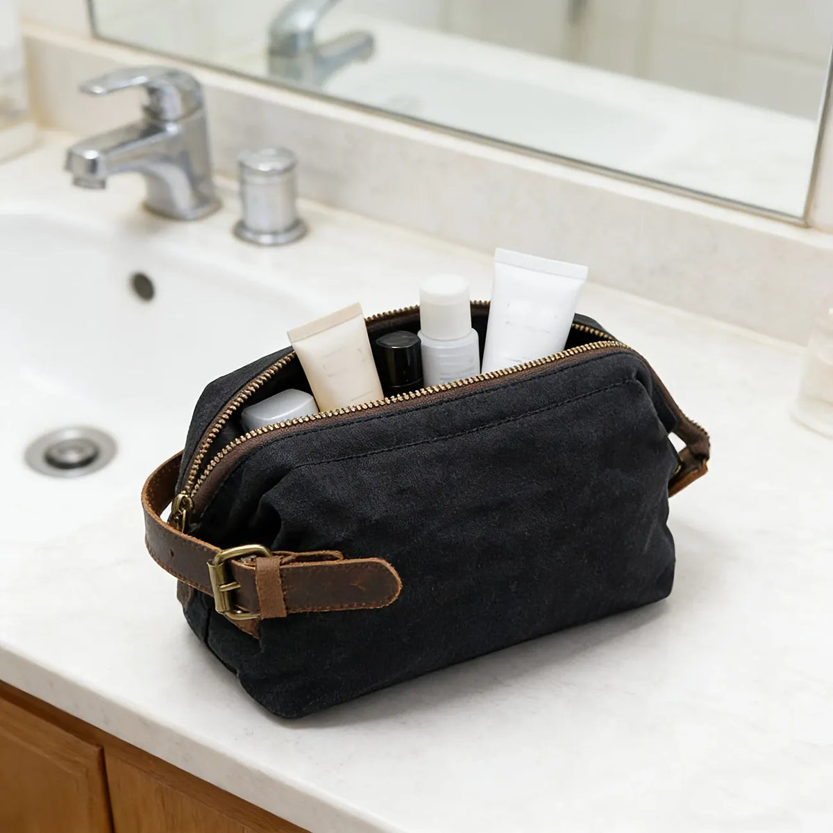 Vintage Waxed Canvas & Cowhide Cylinder Bag, Dopp Kit with Dual Zippers, Commute Travel Crossbody.(black)