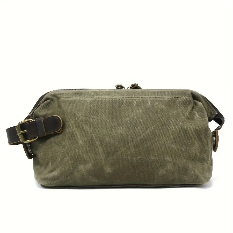Vintage Waxed Canvas & Cowhide Cylinder Bag, Dopp Kit with Dual Zippers, Commute Travel Crossbody.(black)