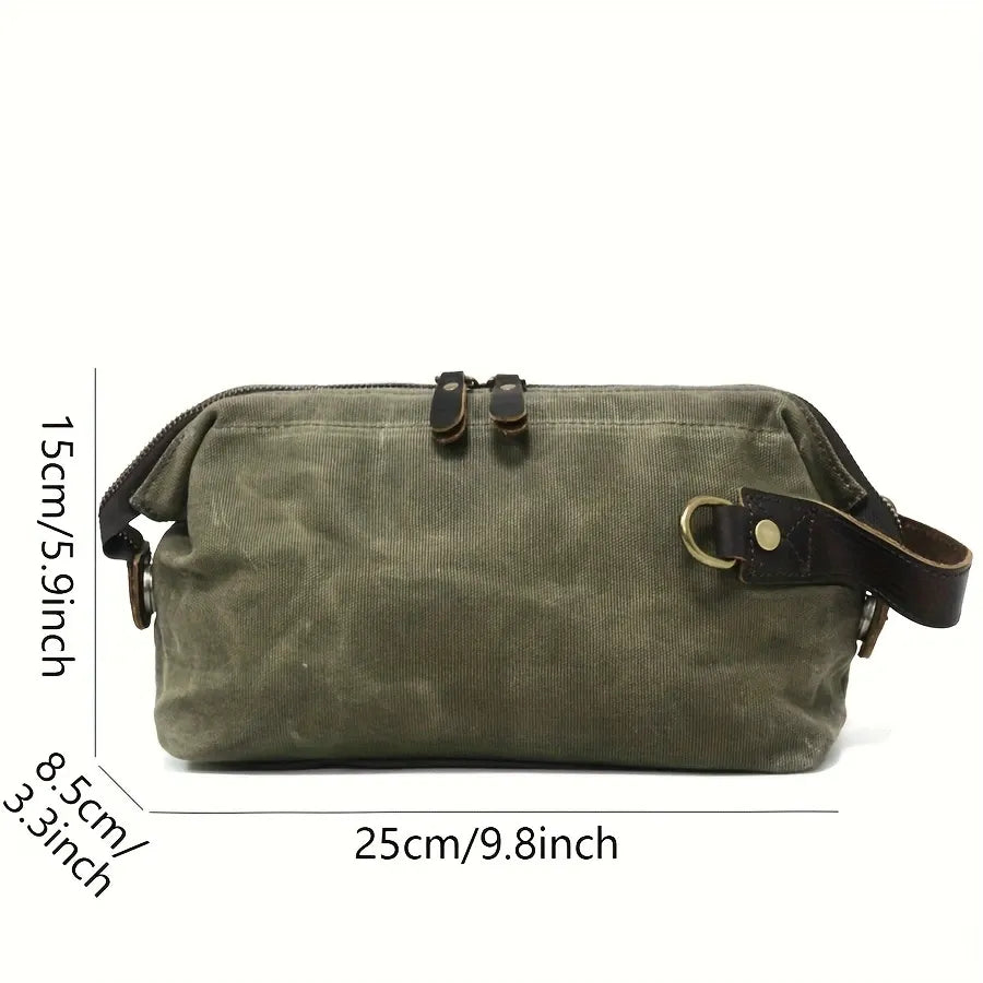 Vintage Waxed Canvas & Cowhide Cylinder Bag, Dopp Kit with Dual Zippers, Commute Travel Crossbody.(black)