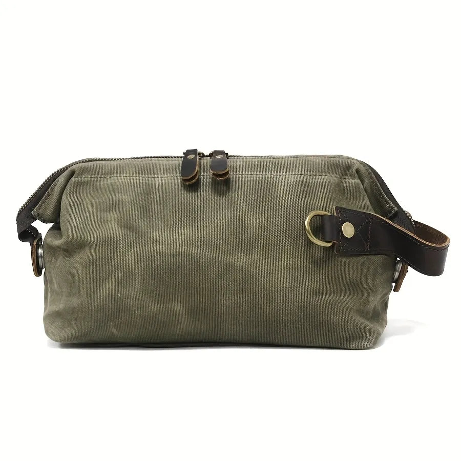 Vintage Waxed Canvas & Cowhide Cylinder Bag, Dopp Kit with Dual Zippers, Commute Travel Crossbody.(black)