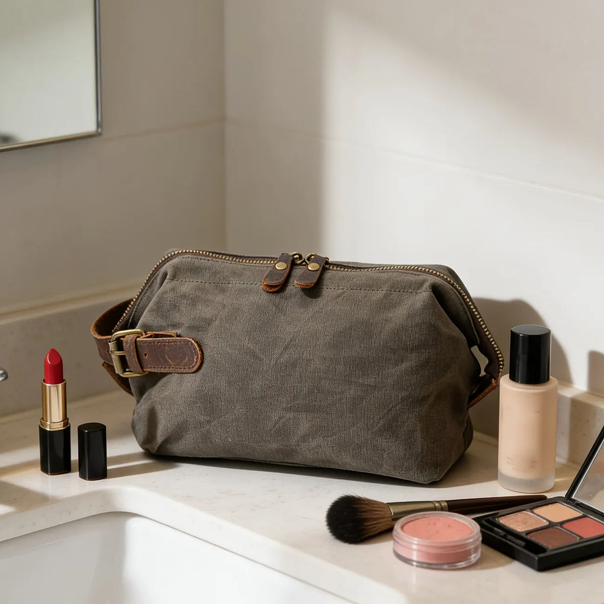 Vintage Waxed Canvas & Cowhide Cylinder Bag, Dopp Kit with Dual Zippers, Commute Travel Crossbody(Dark grey)
