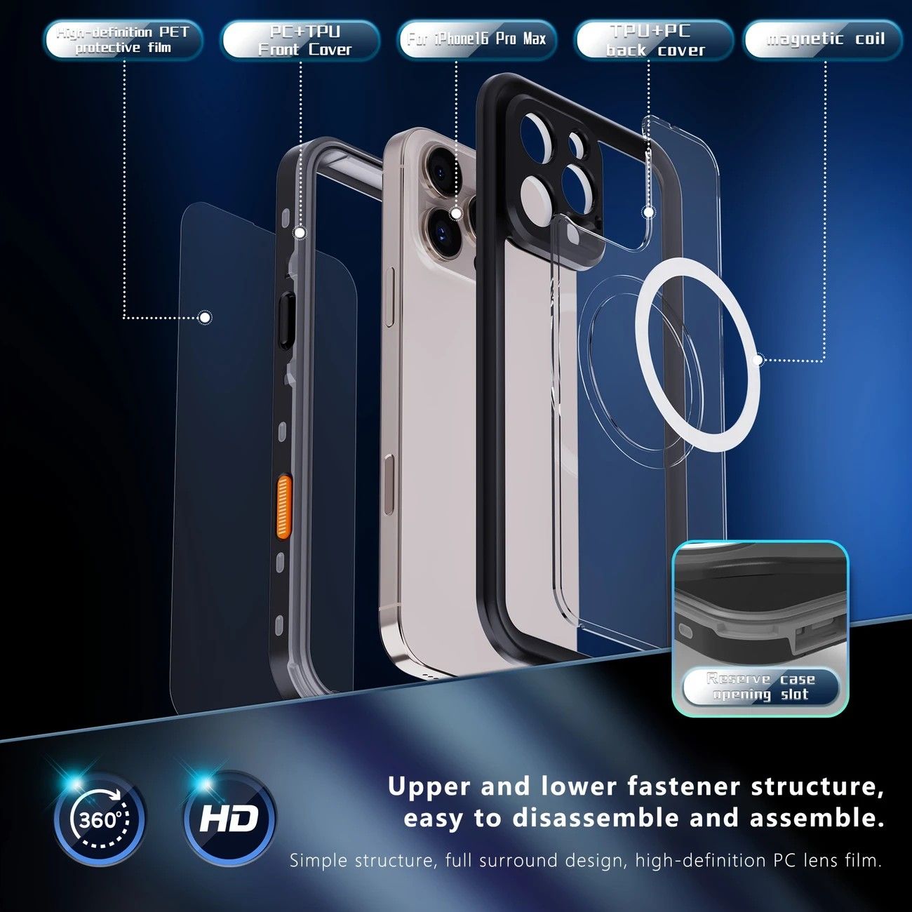 iPhone 16 Pro Max Waterproof Phone Case IP68 Drop Protection Snow Dust Resistant with Lanyard for Swimming Skiing Off Road Adventures(blue)