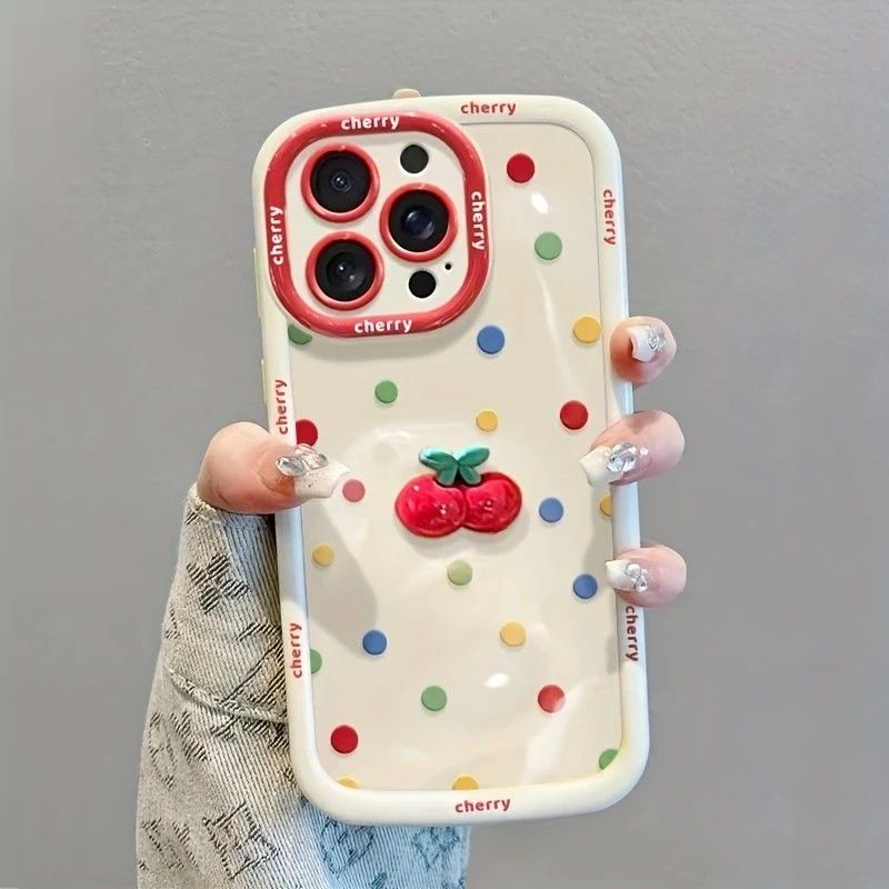 Creamy White Shell Cherry Painting iPhone Case Silicone Drop Protection Full Lens Cover with Lanyard Cute Polka Dot Design(iPhone16pro)