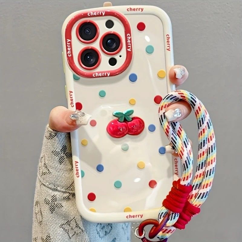 Creamy White Shell Cherry Painting iPhone Case Silicone Drop Protection Full Lens Cover with Lanyard Cute Polka Dot Design(iPhone17 pro)