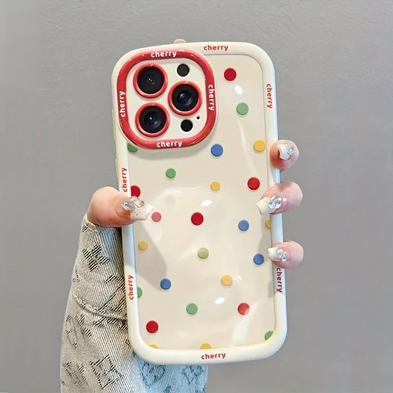 Creamy White Shell Cherry Painting iPhone Case Silicone Drop Protection Full Lens Cover with Lanyard Cute Polka Dot Design(iPhone17 pro)