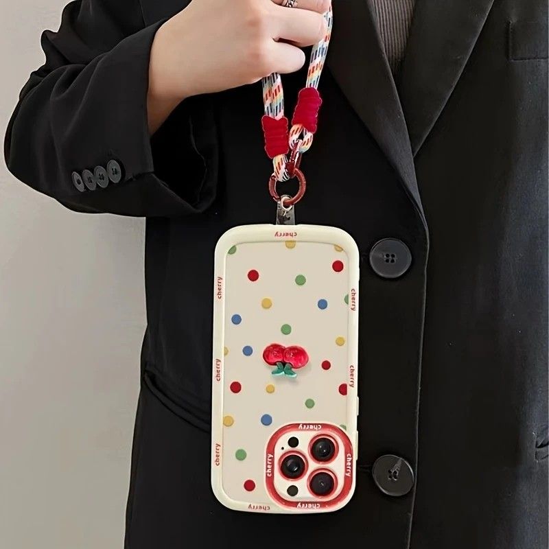 Creamy White Shell Cherry Painting iPhone Case Silicone Drop Protection Full Lens Cover with Lanyard Cute Polka Dot Design(iPhone17 promax)