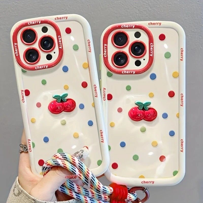 Creamy White Shell Cherry Painting iPhone Case Silicone Drop Protection Full Lens Cover with Lanyard Cute Polka Dot Design(iPhone17 promax)