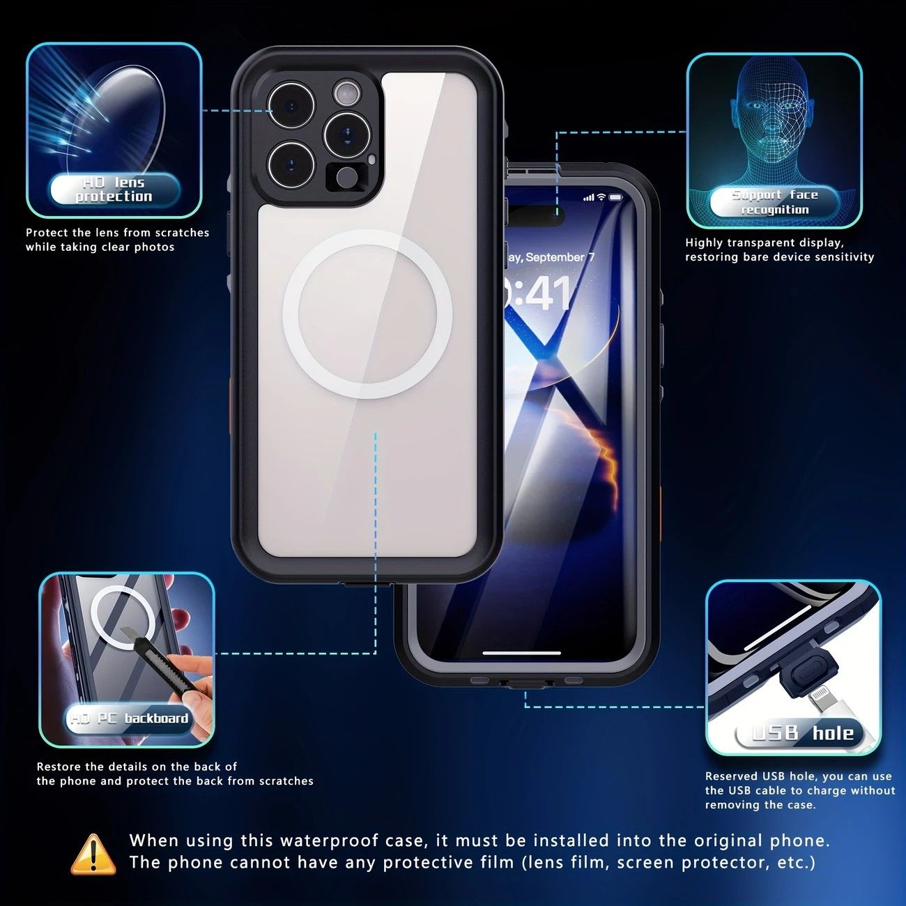 iPhone 16 Pro  Waterproof Phone Case IP68 Drop Protection Snow Dust Resistant with Lanyard for Swimming Skiing Off Road Adventures(blue)