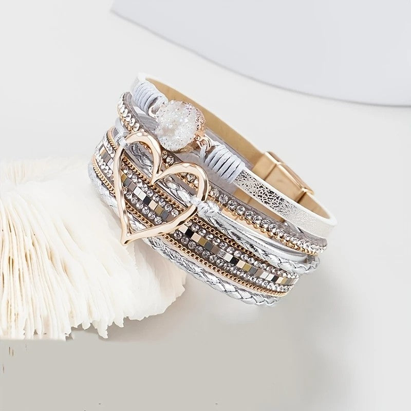 Bohemian Braided Leather Bracelet, Multi-layer Design with Metal and Crystal Accents, Rose Gold Square Clasp with Heart Crystal, Embodying Casual Romantic Exotic Charm.(white)