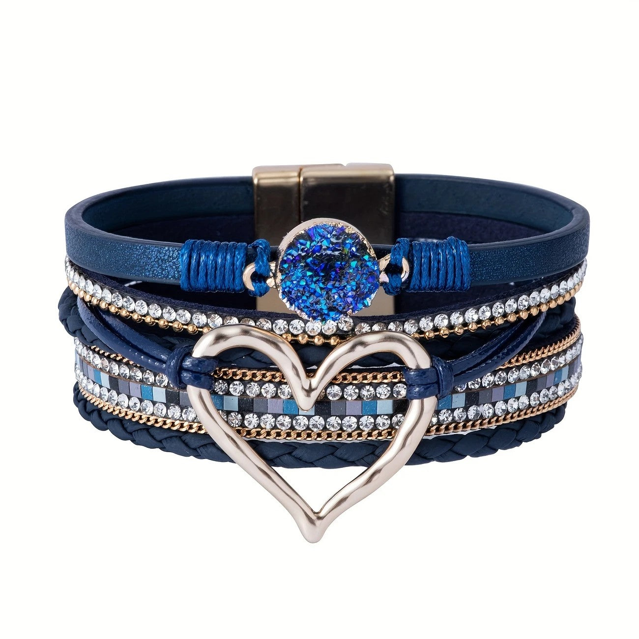 Bohemian Braided Leather Bracelet, Multi-layer Design with Metal and Crystal Accents, Rose Gold Square Clasp with Heart Crystal, Embodying Casual Romantic Exotic Charm.(white)