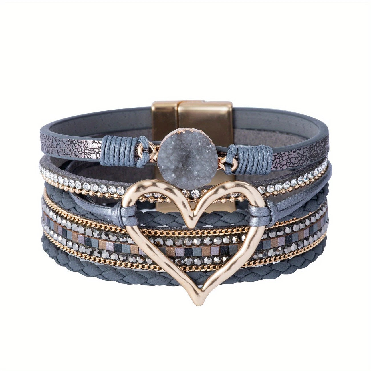 Bohemian Braided Leather Bracelet, Multi-layer Design with Metal and Crystal Accents, Rose Gold Square Clasp with Heart Crystal, Embodying Casual Romantic Exotic Charm.(white)