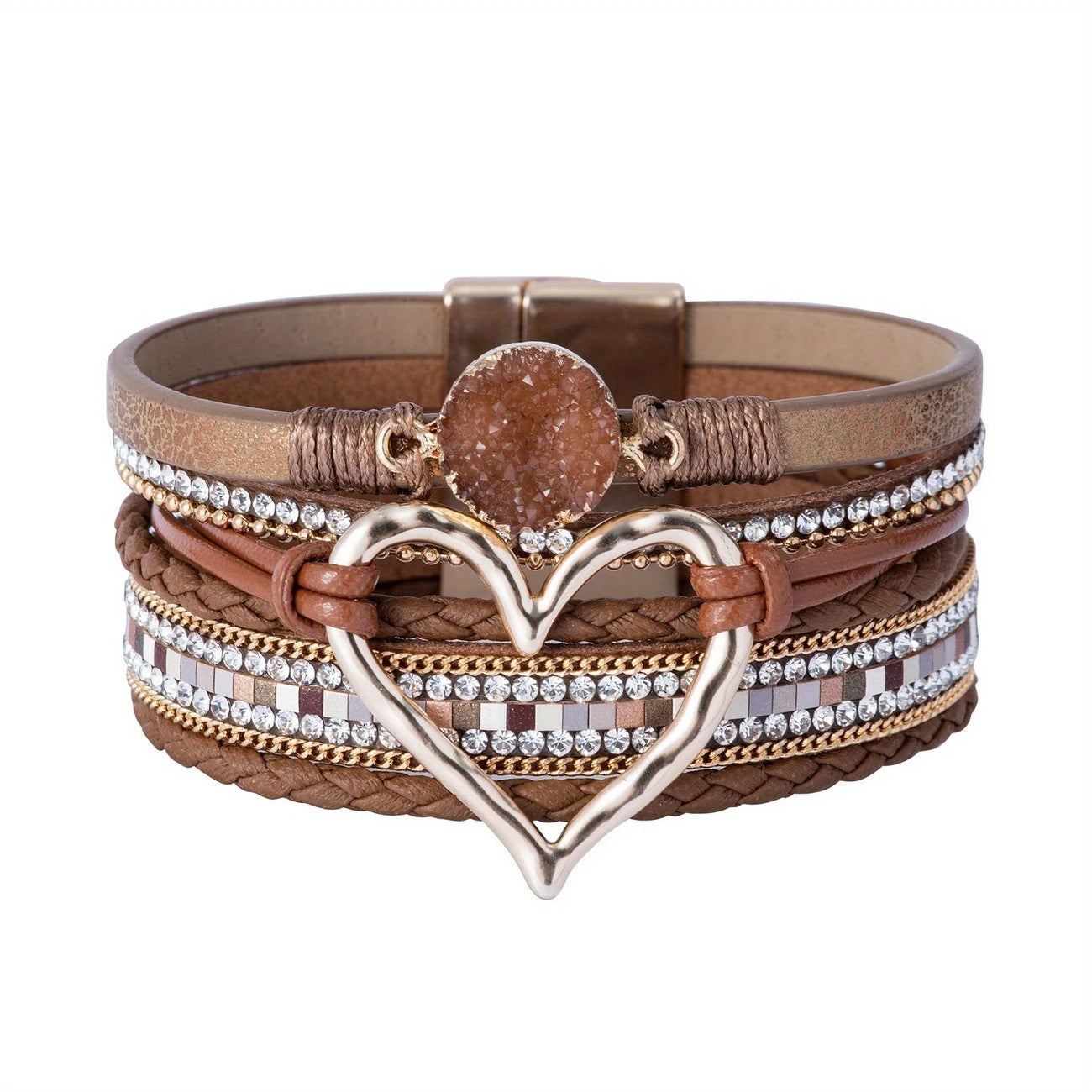 Black Braided Leather Bracelet for Women Heart Charm Multi Layer Fashion | AU Stock Fast Delivery