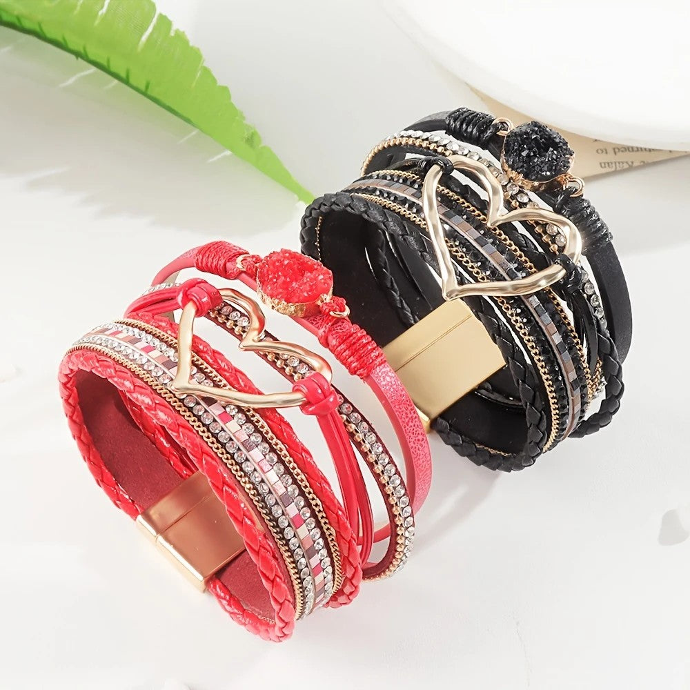 Bohemian Braided Leather Bracelet, Multi-layer Design with Metal and Crystal Accents, Rose Gold Square Clasp with Heart Crystal, Embodying Casual Romantic Exotic Charm.(brown)