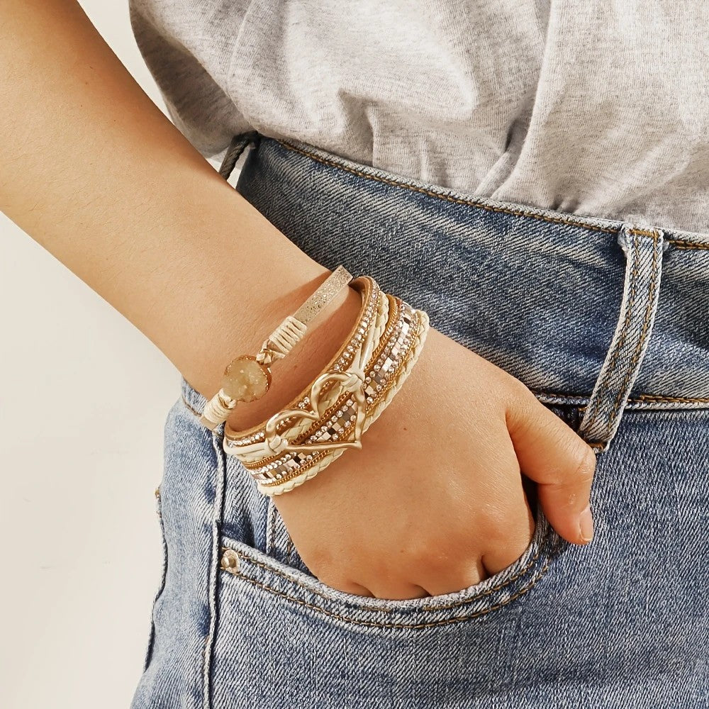 Gold Braided Leather Bracelet for Women Heart Charm Multi Layer Fashion | AU Stock Fast Delivery