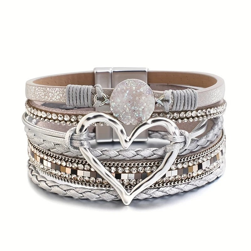 Bohemian Braided Leather Bracelet, Multi-layer Design with Metal and Crystal Accents, Rose Gold Square Clasp with Heart Crystal, Embodying Casual Romantic Exotic Charm.(royal blue)