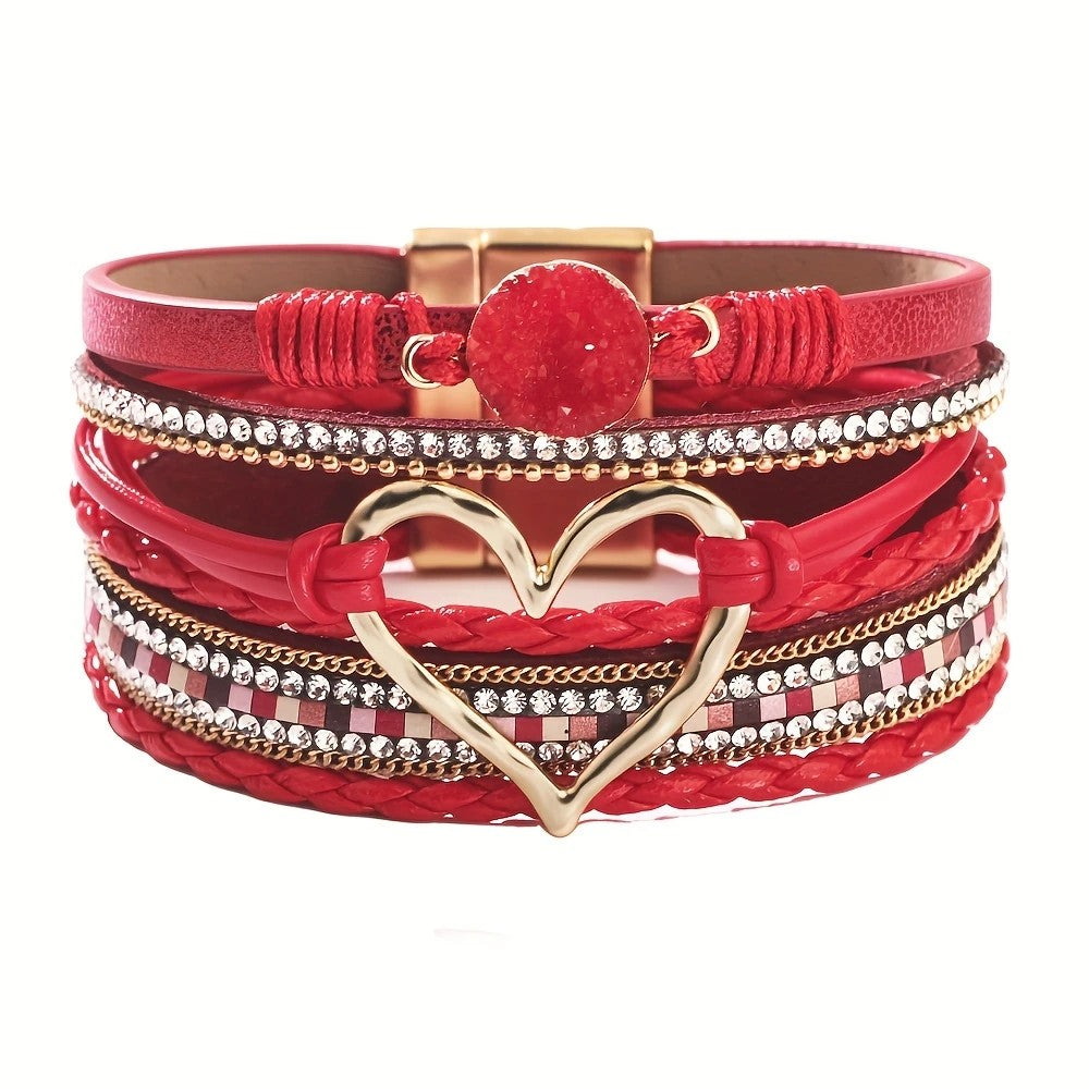 Bohemian Braided Leather Bracelet, Multi-layer Design with Metal and Crystal Accents, Rose Gold Square Clasp with Heart Crystal, Embodying Casual Romantic Exotic Charm.(royal blue)