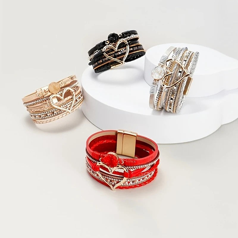 Boho Red Leather Bracelet for Women Heart Charm Multi Layer Fashion | AU Stock Fast Delivery