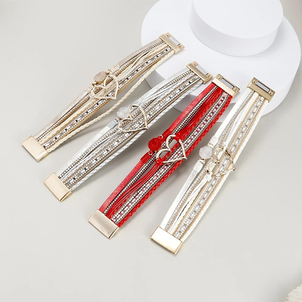 Boho Red Leather Bracelet for Women Heart Charm Multi Layer Fashion | AU Stock Fast Delivery
