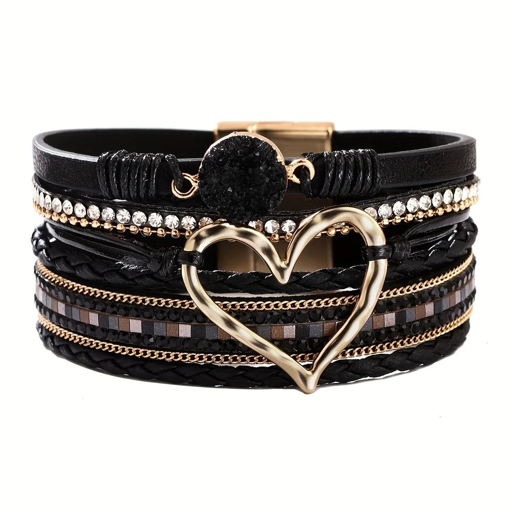 Bohemian Braided Leather Bracelet, Multi-layer Design with Metal and Crystal Accents, Rose Gold Square Clasp with Heart Crystal, Embodying Casual Romantic Exotic Charm.(silver)