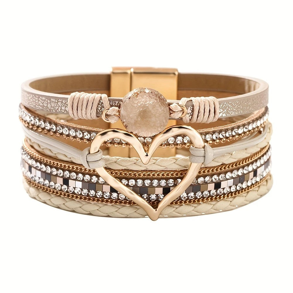 Bohemian Braided Leather Bracelet, Multi-layer Design with Metal and Crystal Accents, Rose Gold Square Clasp with Heart Crystal, Embodying Casual Romantic Exotic Charm.(silver)