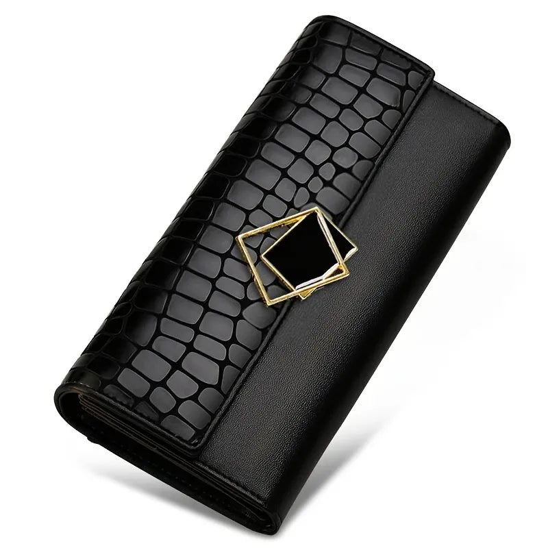 Genuine Leather Long Women's Wallet, Crocodile Embossed Black Bi-Fold Wallet with 12 Card Slots & Metal Square Buckle, Light Luxury Travel Daily Purse
