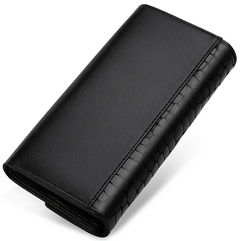 Genuine Leather Long Women's Wallet, Crocodile Embossed Black Bi-Fold Wallet with 12 Card Slots & Metal Square Buckle, Light Luxury Travel Daily Purse