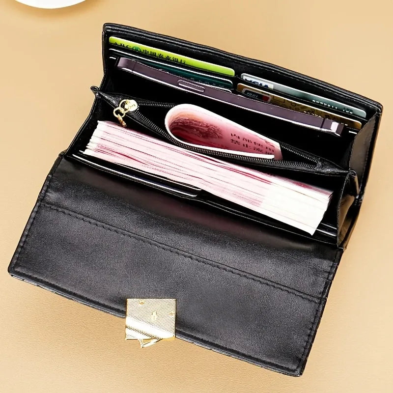 Genuine Leather Long Women's Wallet, Crocodile Embossed Black Bi-Fold Wallet with 12 Card Slots & Metal Square Buckle, Light Luxury Travel Daily Purse