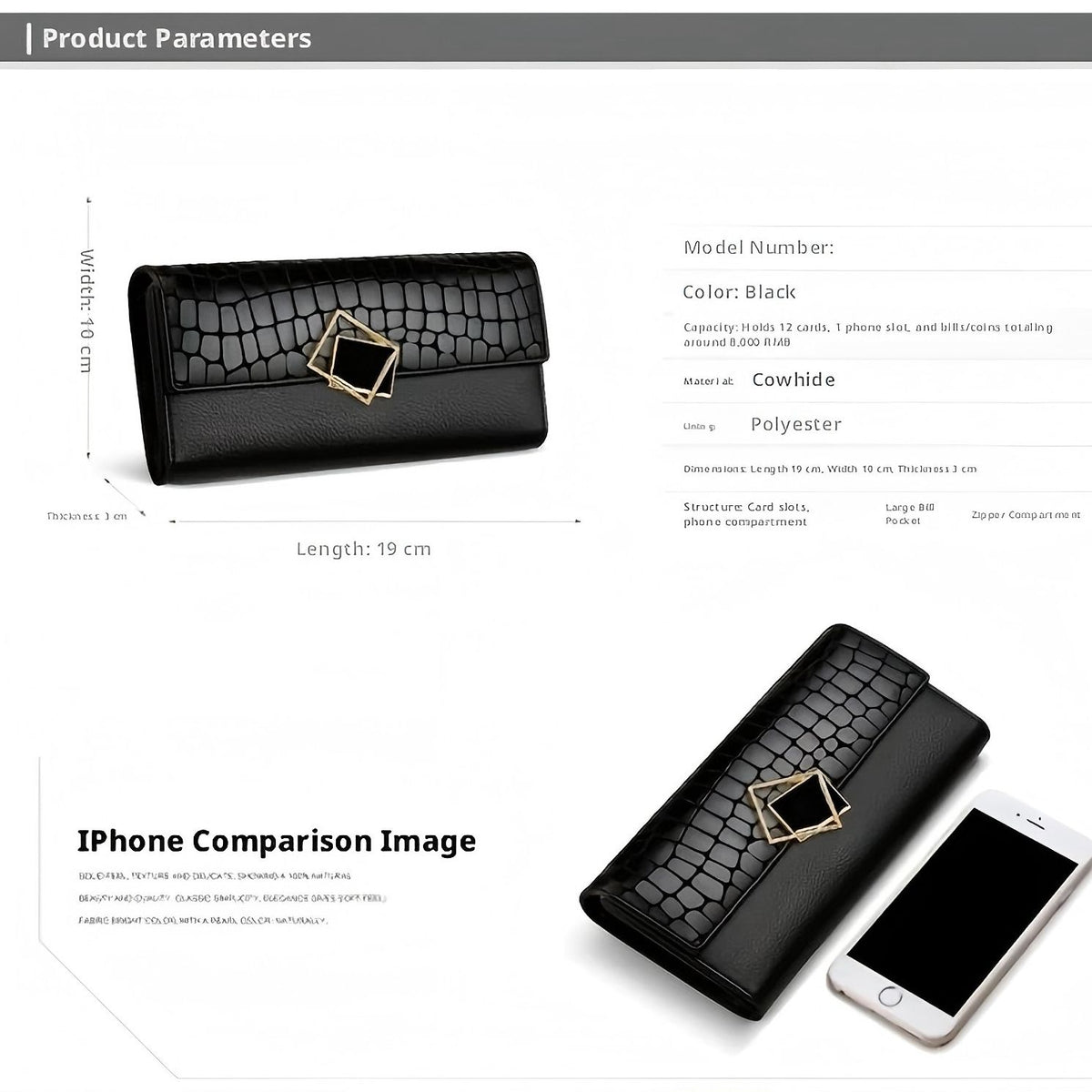 Genuine Leather Long Women's Wallet, Crocodile Embossed Black Bi-Fold Wallet with 12 Card Slots & Metal Square Buckle, Light Luxury Travel Daily Purse