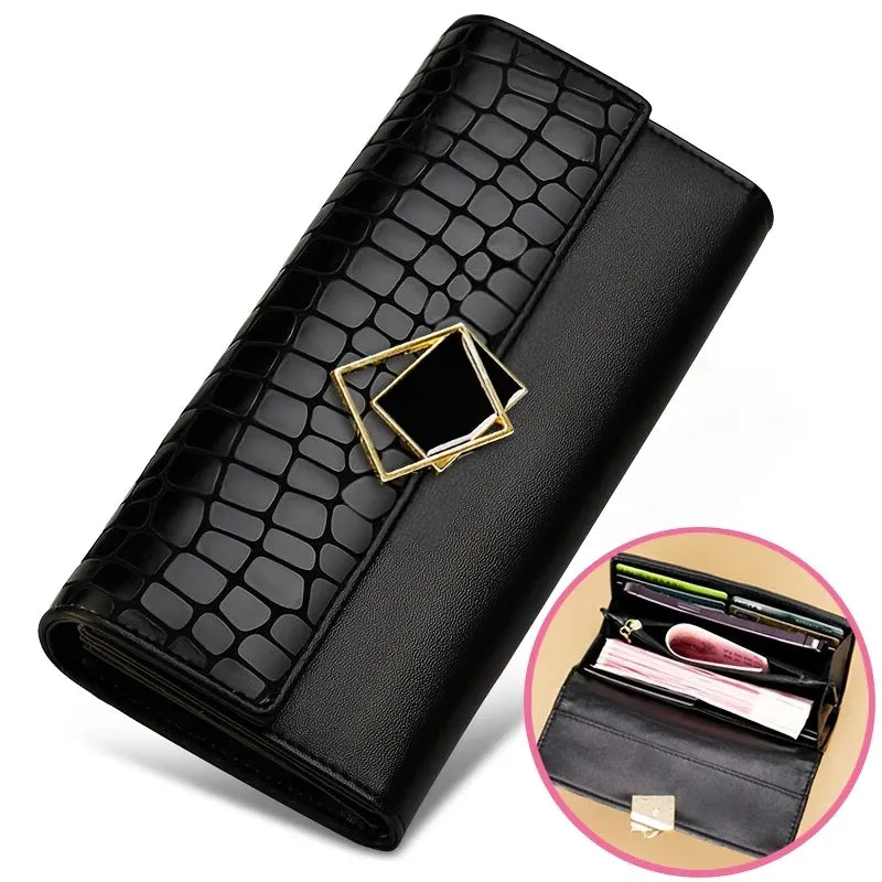 Genuine Leather Long Women's Wallet, Crocodile Embossed Black Bi-Fold Wallet with 12 Card Slots & Metal Square Buckle, Light Luxury Travel Daily Purse