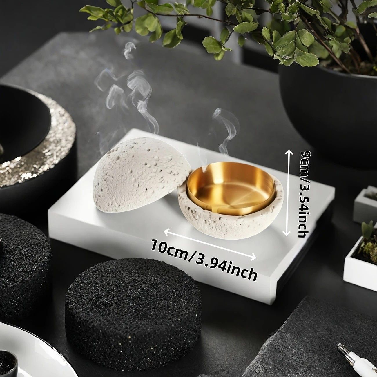 Nordic industrial style concrete ashtray, handcrafted with natural texture, detachable stainless steel bowl with anti-ash lid — easy to clean, durable, suitable for living rooms, bars, offices, ideal gift for Father’s Day, Christmas, housewarming.（Dark gr