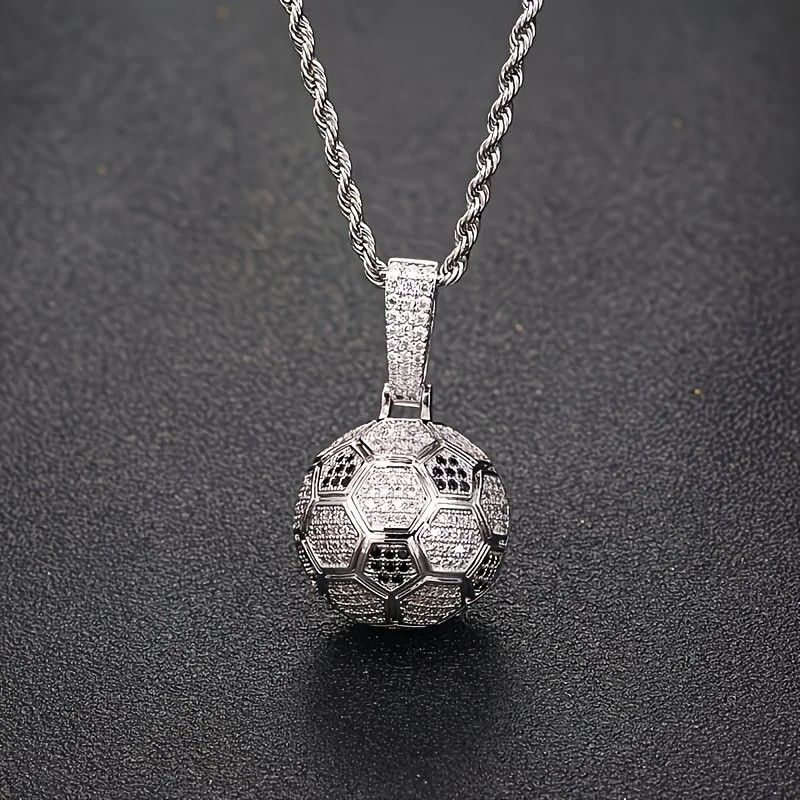 Football Hollow Pendant Necklace, Synthetic Zirconia Setting, Hip Hop Sporty Style, Trendy and Versatile.(golden)