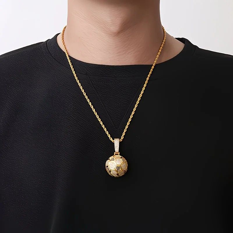 Football Hollow Pendant Necklace, Synthetic Zirconia Setting, Hip Hop Sporty Style, Trendy and Versatile.(golden)
