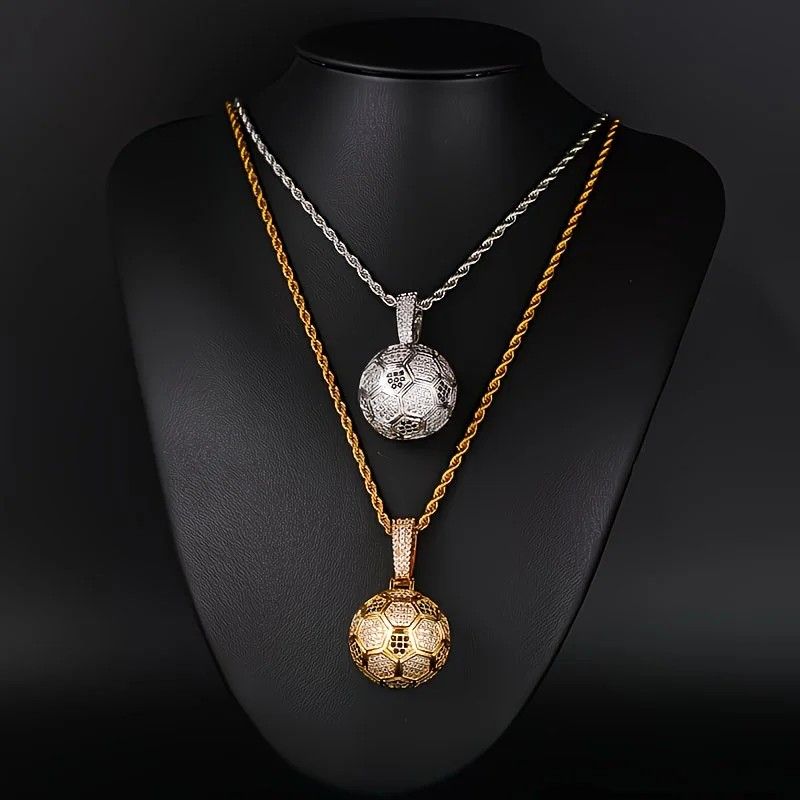 Football Hollow Pendant Necklace, Synthetic Zirconia Setting, Hip Hop Sporty Style, Trendy and Versatile.(golden)