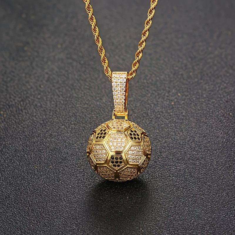 Football Hollow Pendant Necklace, Synthetic Zirconia Setting, Hip Hop Sporty Style, Trendy and Versatile.(silver)