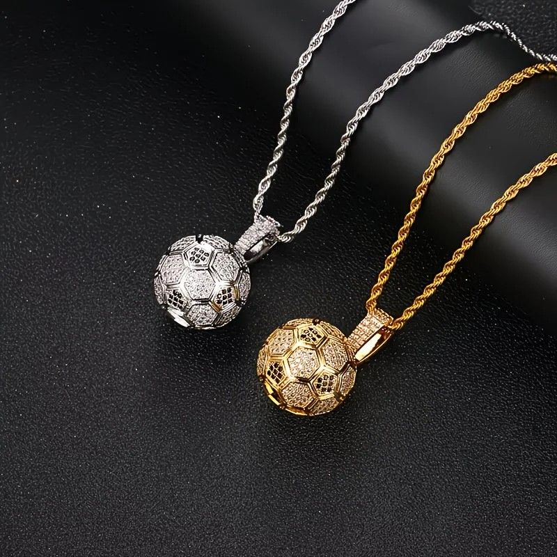 Football Hollow Pendant Necklace, Synthetic Zirconia Setting, Hip Hop Sporty Style, Trendy and Versatile.(silver)